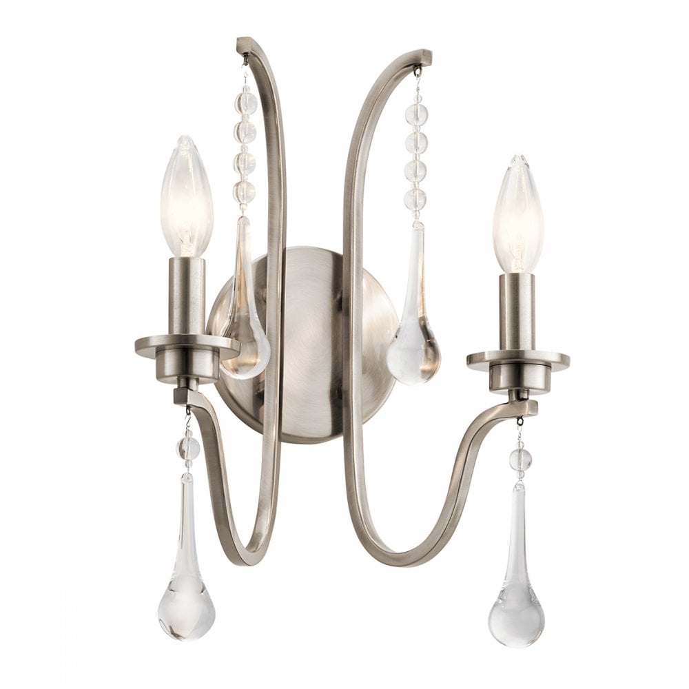 Karlee 2 Light Wall Light In Polished Nickel Finish With Crystal Droplets QN-KARLEE2