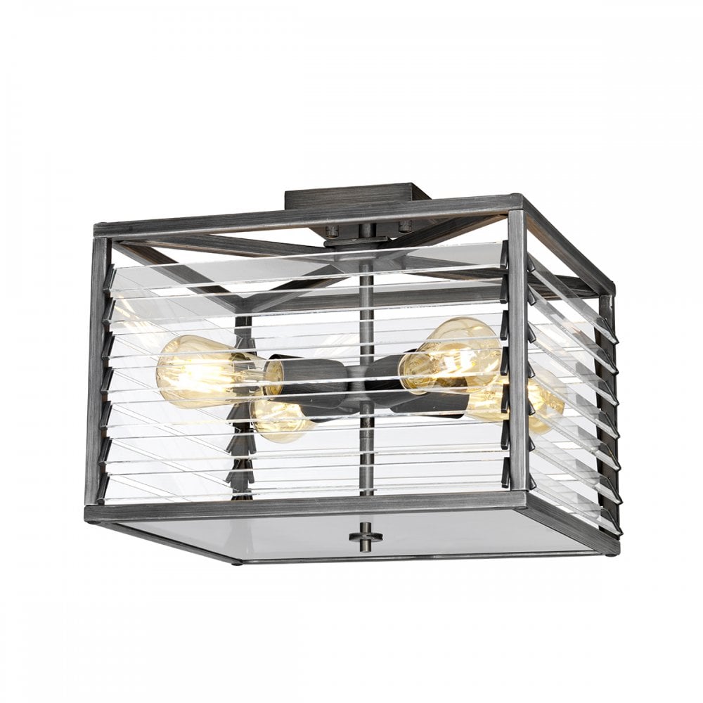 Louvre Industrial 4 Light Flush Ceiling Light In Gunmetal Finish QN-LOUVRE-4F