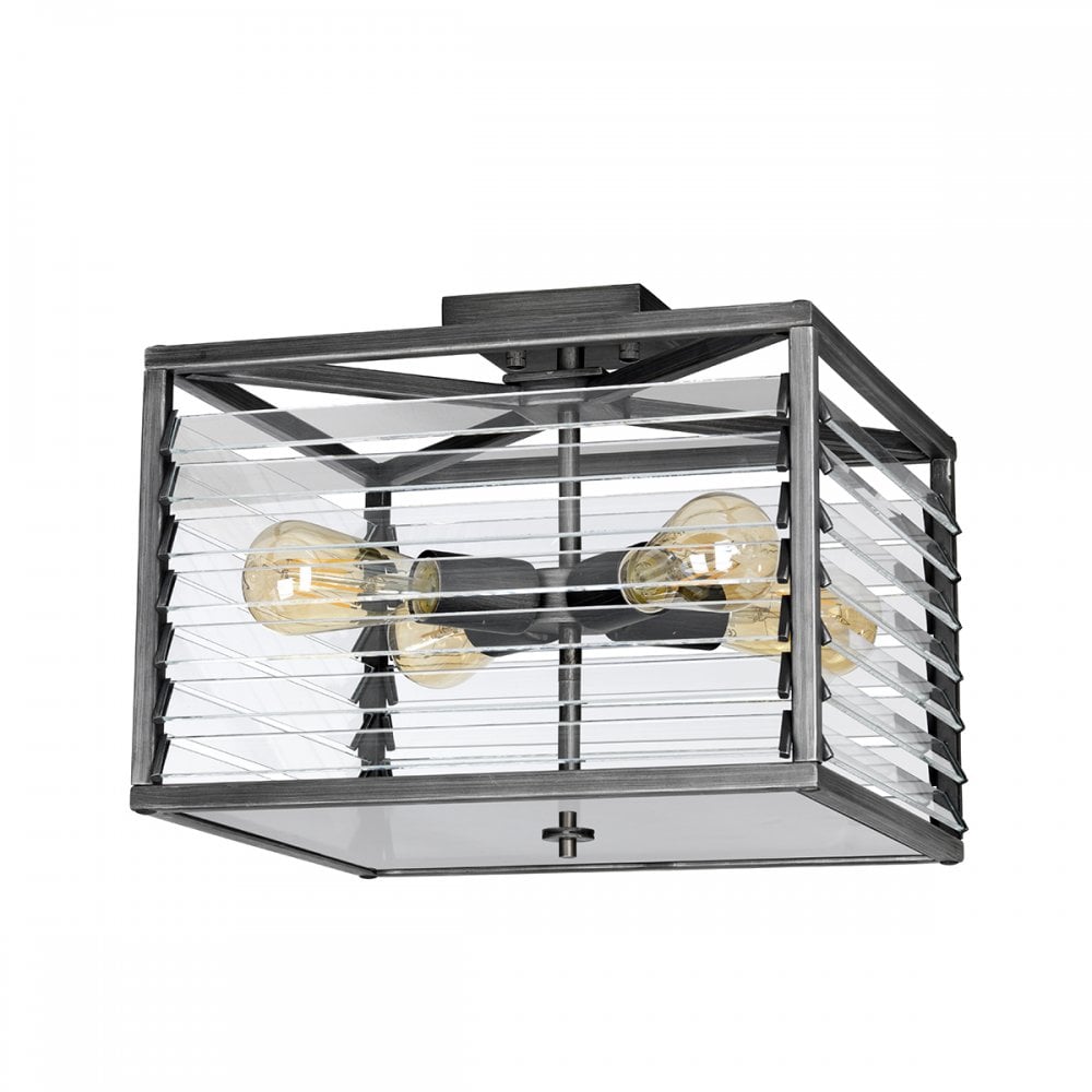Louvre Industrial 4 Light Flush Ceiling Light In Gunmetal Finish QN-LOUVRE-4F