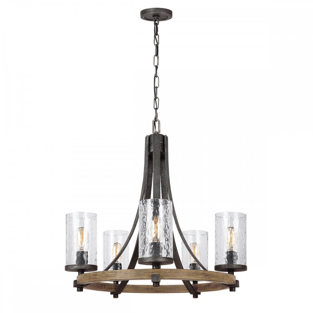 Angelo 5 Light Ceiling Chandelier In Slate Grey Metal And Distressed Weathered Oak QN-ANGELO5