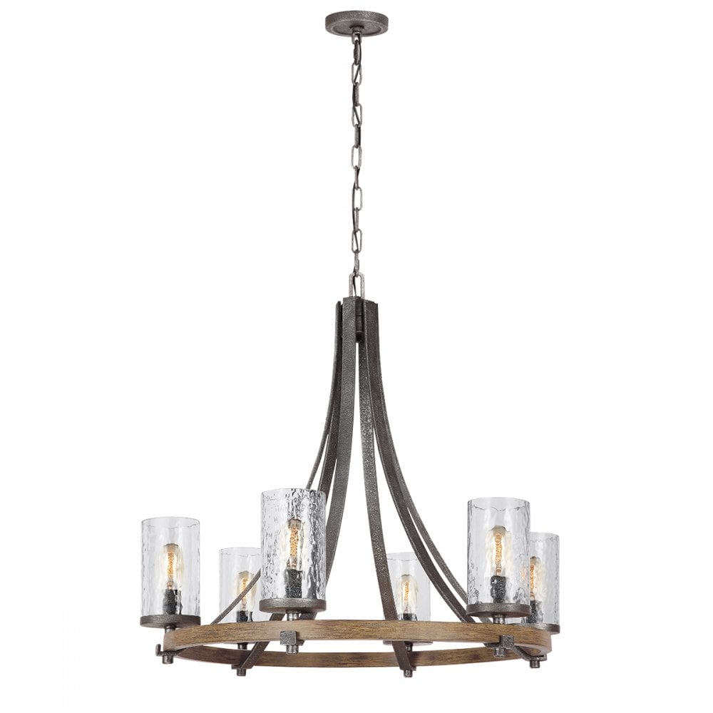 Angelo 6 Light Ceiling Chandelier In Slate Grey Metal And Distressed Weathered Oak QN-ANGELO6