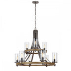 Angelo 9 Light Ceiling Chandelier In Slate Grey Metal And Distressed Weathered Oak QN-ANGELO9