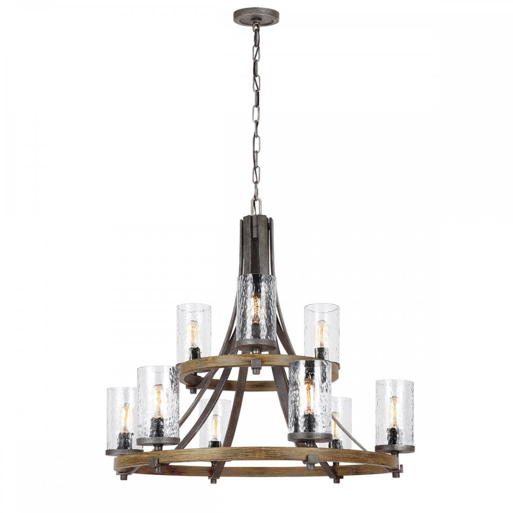 Angelo 9 Light Ceiling Chandelier In Slate Grey Metal And Distressed Weathered Oak QN-ANGELO9