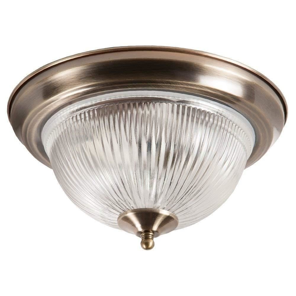 Traditional Antique Brass Flush Ceiling Light with Ribbed Glass