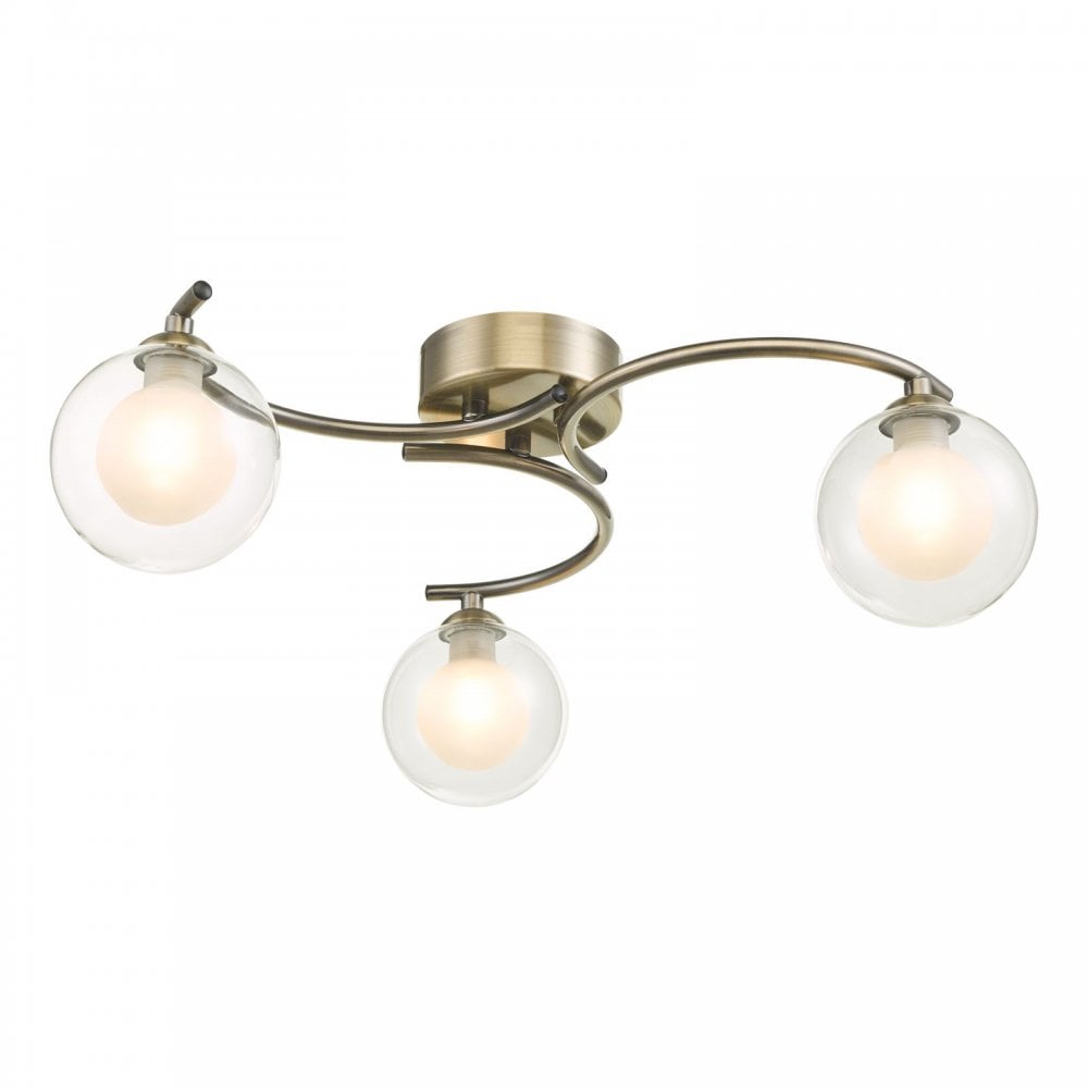 Nakita 3 Light Semi Flush Ceiling Light In Antique Brass With Clear And Opal Shades NAK5375-04