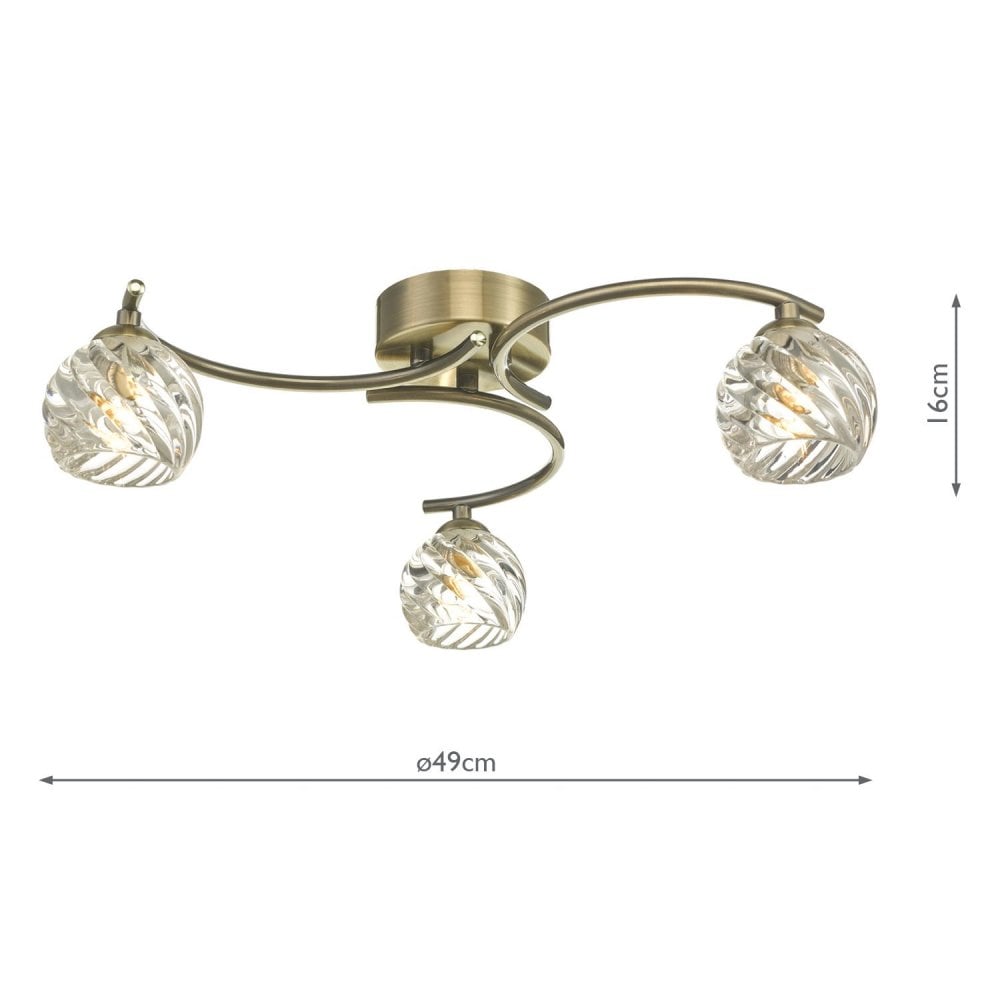 Nakita 3 Light Semi Flush Ceiling Light In Antique Brass With Twisted Open Glass NAK5375-05