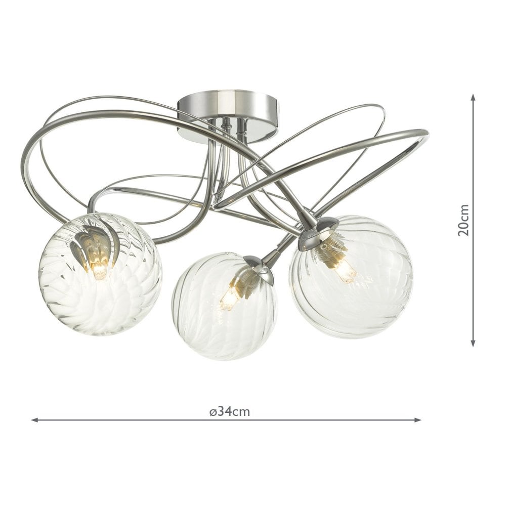 Onawa 3 Light Semi Flush Ceiling Light In Polished Chrome With Twisted Closed Glass ONA5350-03