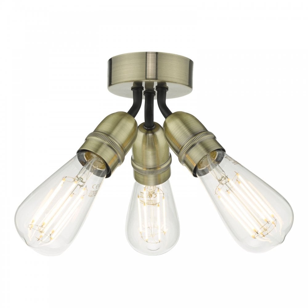 Yao Vintage 3 Light Flush Ceiling Light In Antique Brass