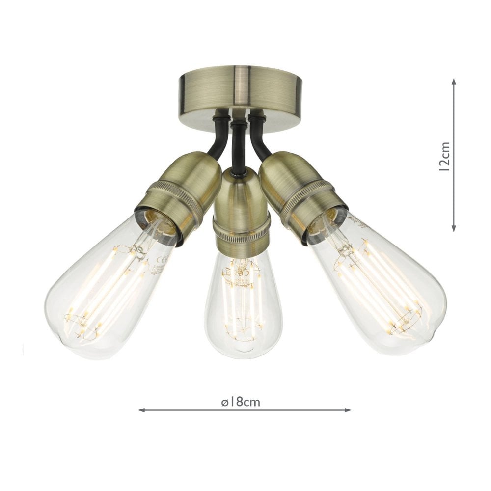 Yao Vintage 3 Light Flush Ceiling Light In Antique Brass