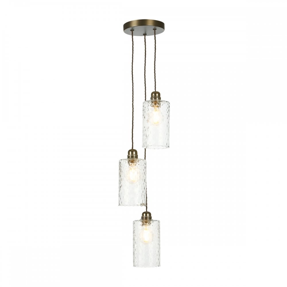 Acton Contemporary 3 Light Ceiling Pendant In Antique Brass With Clear Dimpled Shades