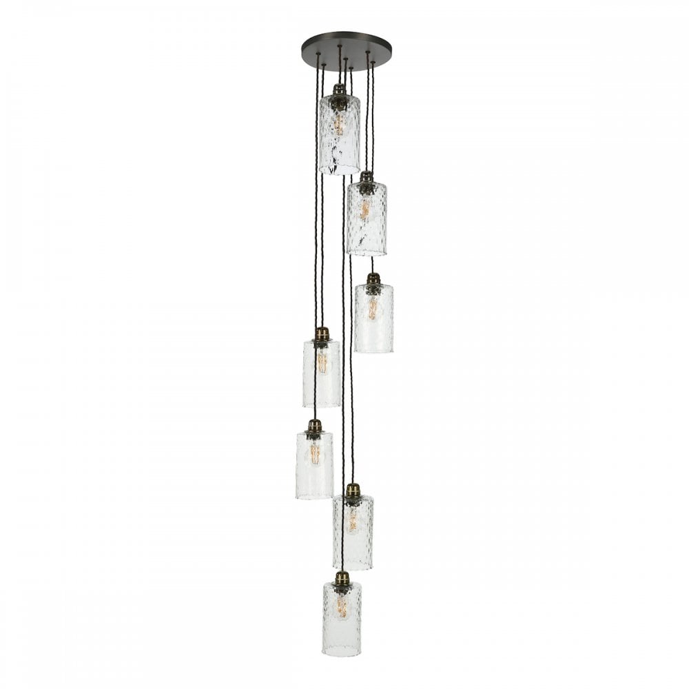 Acton Contemporary 7 Light Ceiling Pendant In Antique Brass With Clear Dimpled Shades