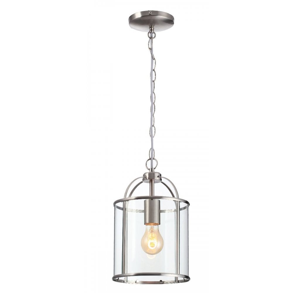 Traditional 1 Light Brushed Silver Nickel Round Hanging Hall Ceiling Lantern