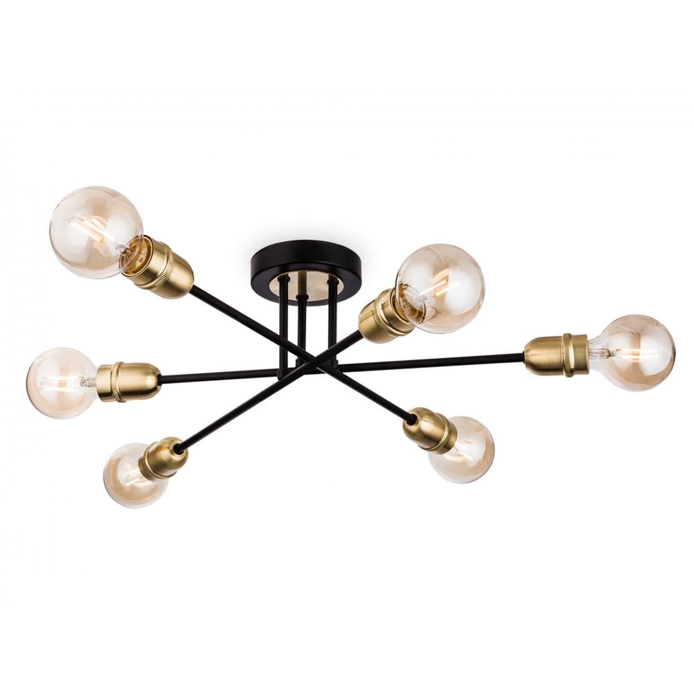 Trident Modern 6 Light Flush Ceiling Light In Black Finish With Brass Detail 3701BK