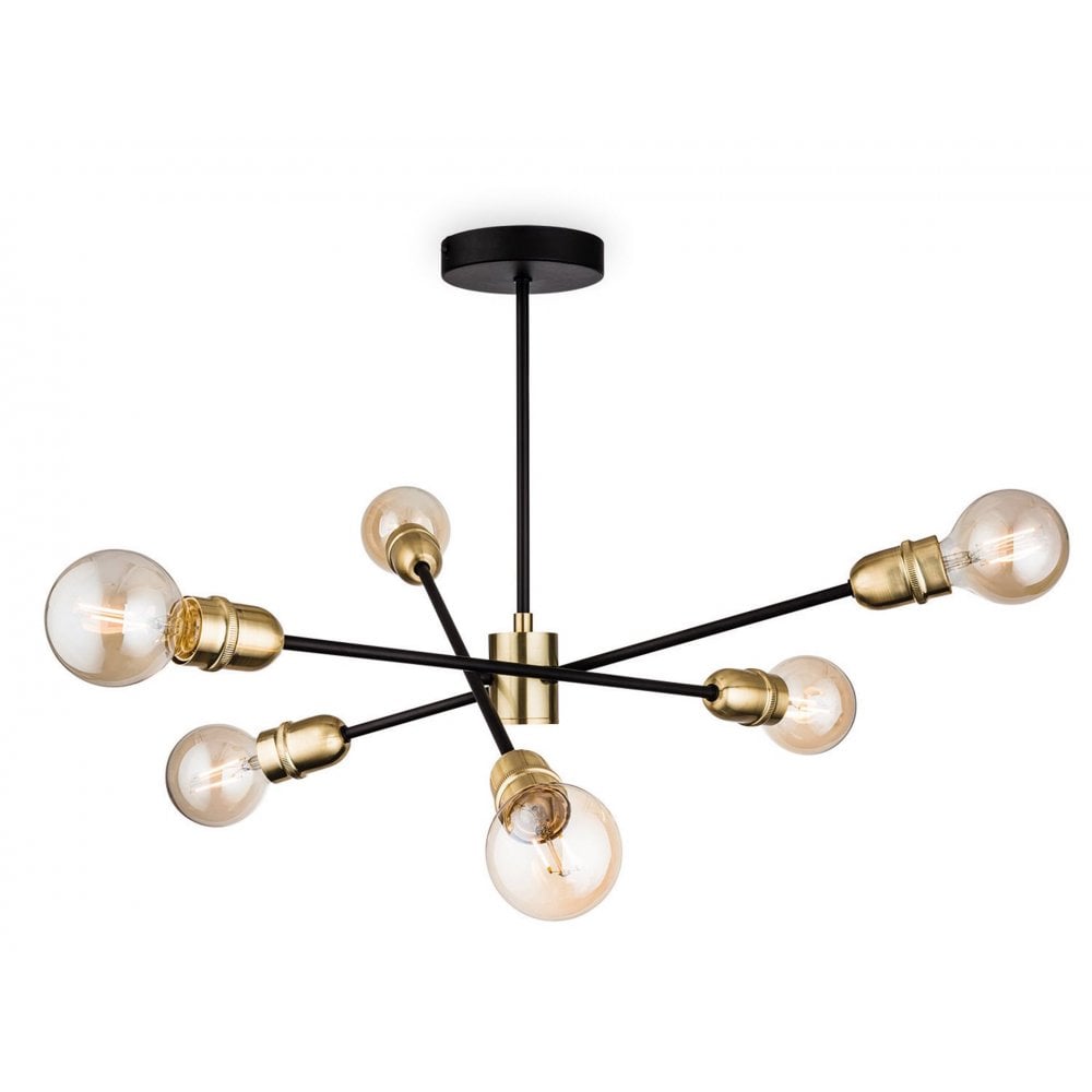Trident Modern 6 Light Semi Flush Ceiling Light In Black Finish And Brass Detail 3702BK