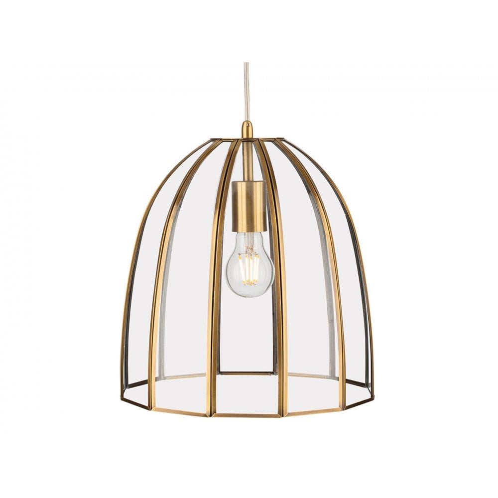 Lincoln Bell Shaped Ceiling Pendant Light In Antique Brass With Clear Glass Panels 2916AB