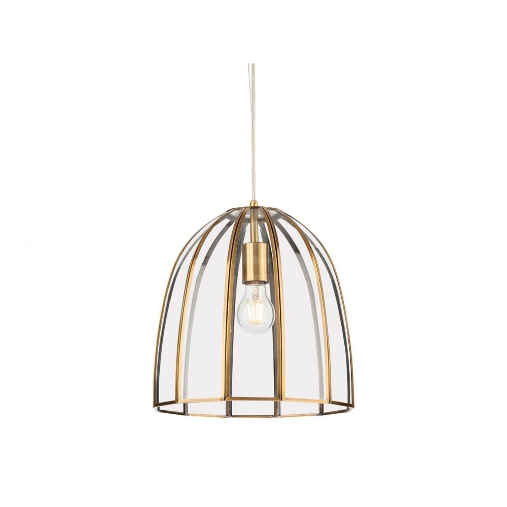 Lincoln Bell Shaped Ceiling Pendant Light In Antique Brass With Clear Glass Panels 2916AB