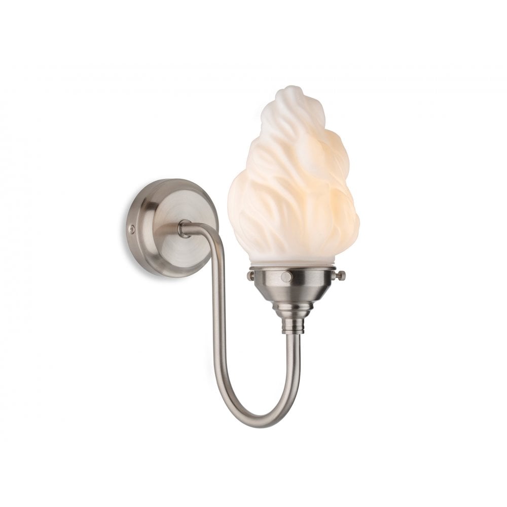 Flame Swan Neck Wall Light In Brushed Steel Finish With Opal Flame Glass IP44 2899BS