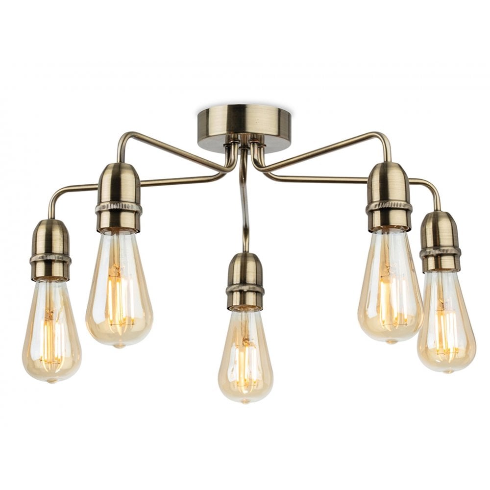 Leon Retro 5 Light Flush Ceiling Light In Antique Brass Finish 2884AB