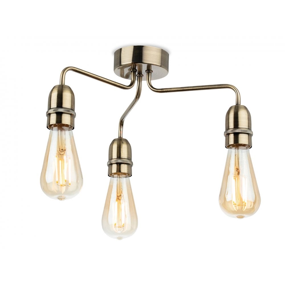 Leon Retro 3 Light Flush Ceiling Light In Antique Brass Finish 2883AB