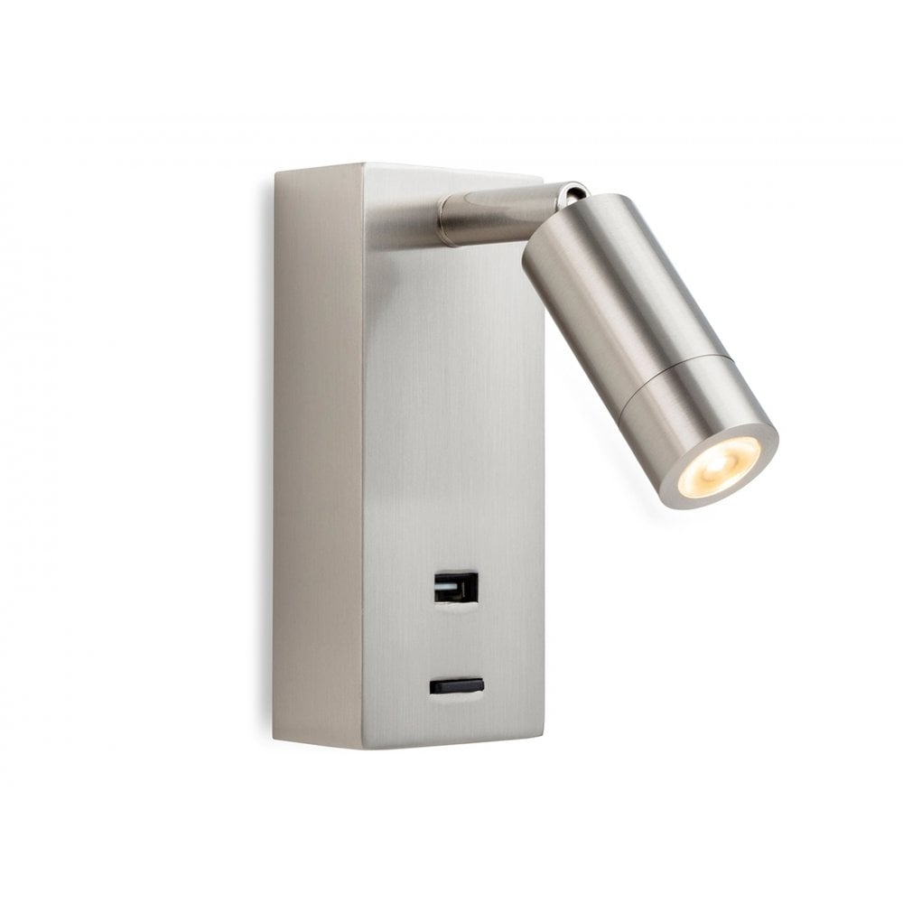 Cliffton Directional LED Reading Wall Light In Brushed Steel Finish With USB Port 2896BS