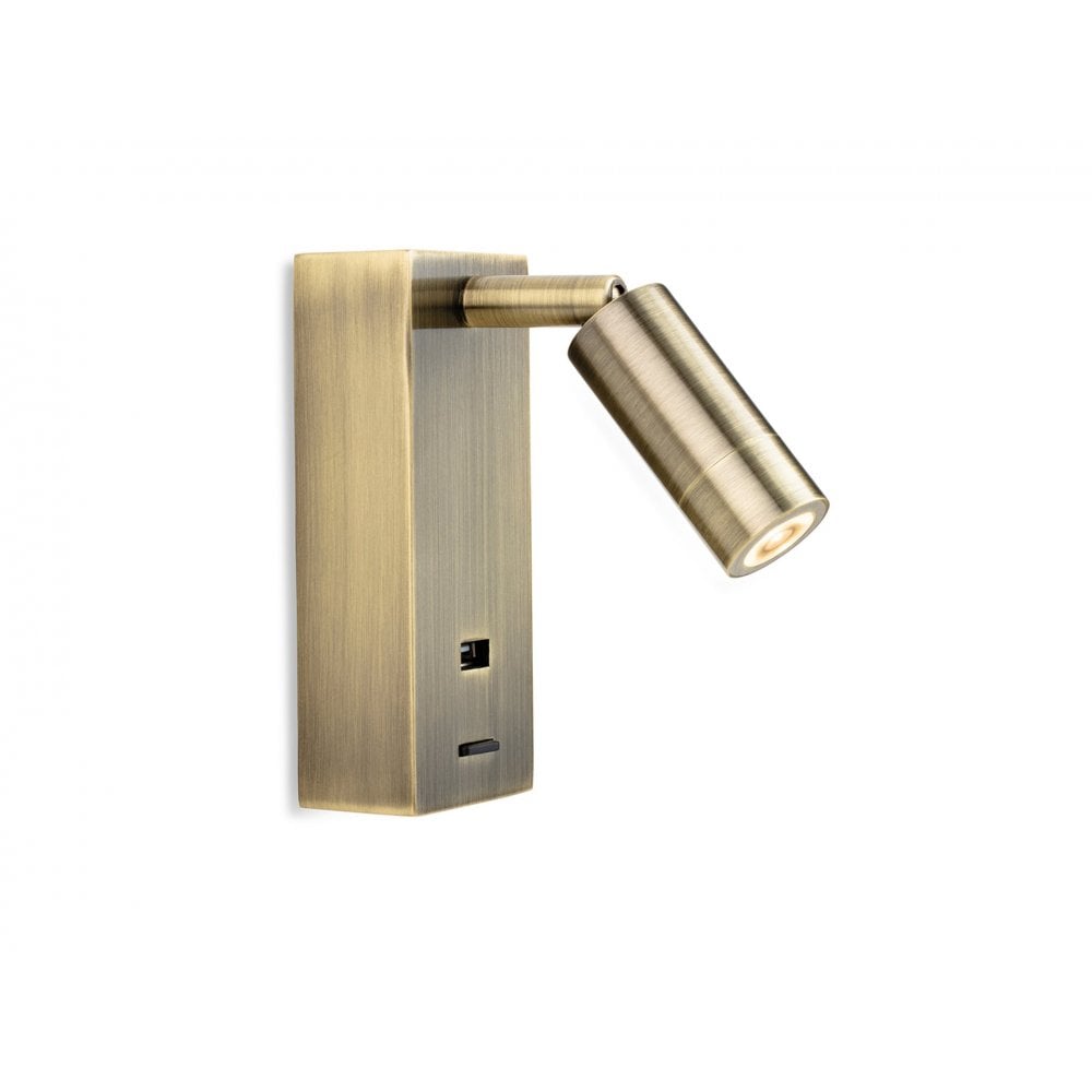 Cliffton Directional LED Reading Wall Light In Antique Brass Finish With USB Port 2896AB