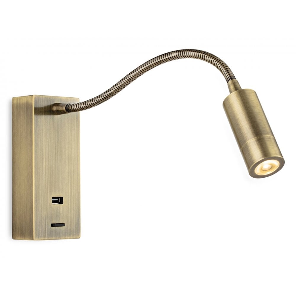 Clifton Flexible LED Reading Wall Light In Antique Brass Finish With USB Port 2895AB