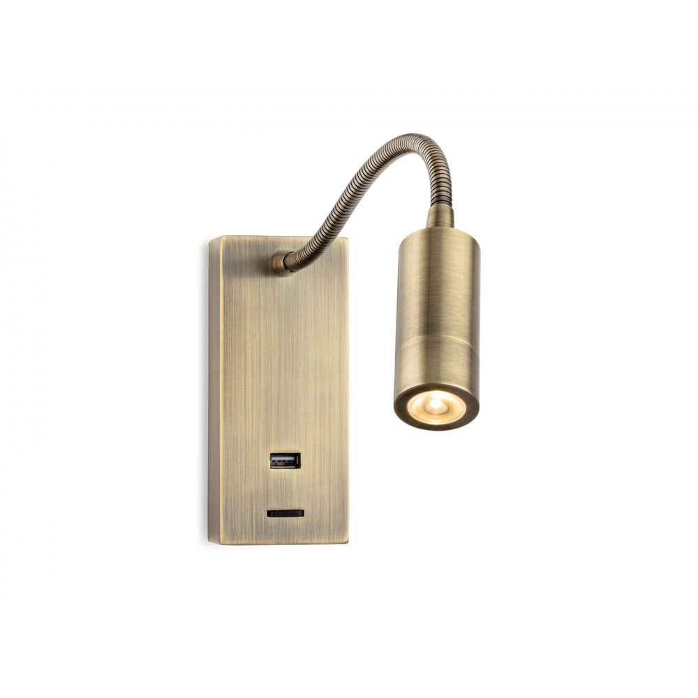 Clifton Flexible LED Reading Wall Light In Antique Brass Finish With USB Port 2895AB