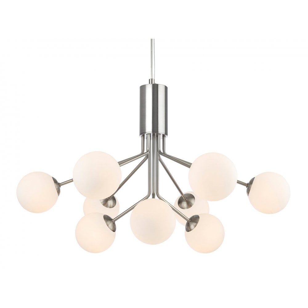 Montana Modern 9 Light Ceiling Pendant Light In Brushed Steel With Opal Glass Shade 2890BS
