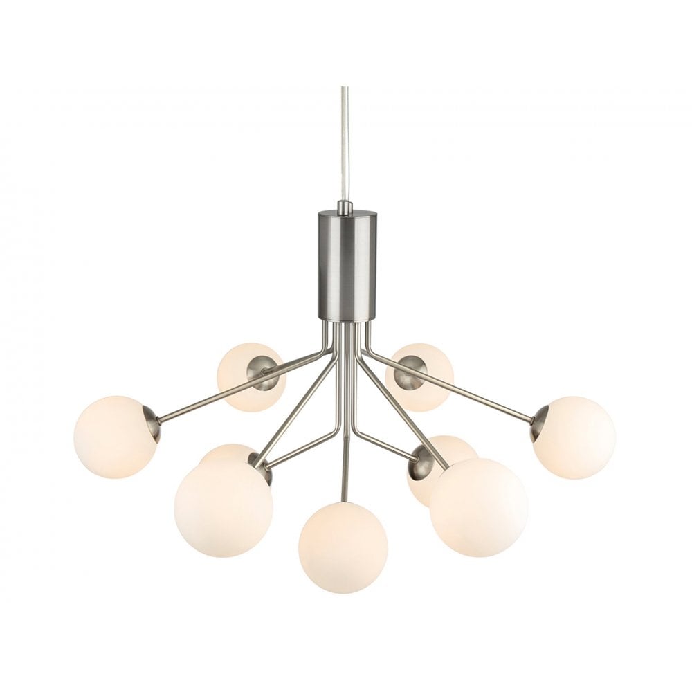 Montana Modern 9 Light Ceiling Pendant Light In Brushed Steel With Opal Glass Shade 2890BS
