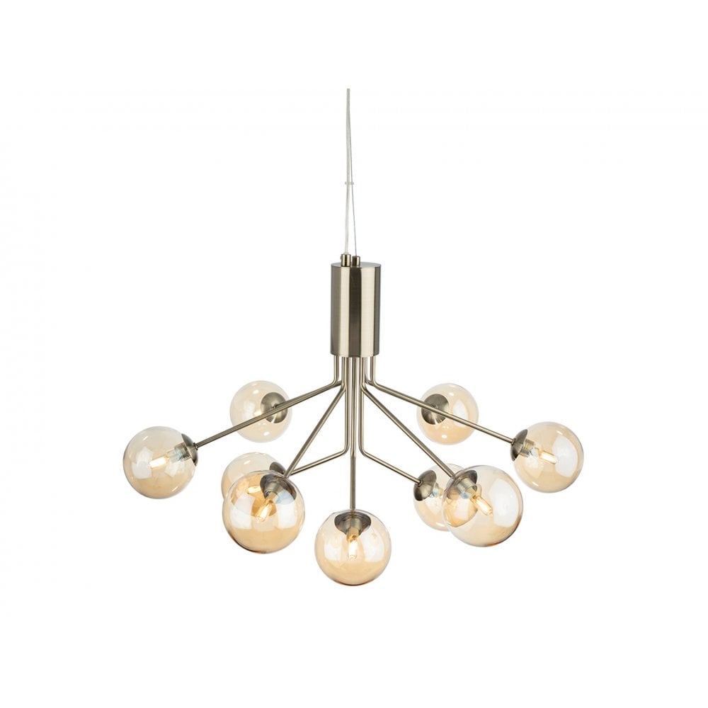 Montana Modern 9 Light Ceiling Pendant Light In Antique Brass With Amber Glass Shade 2890AB