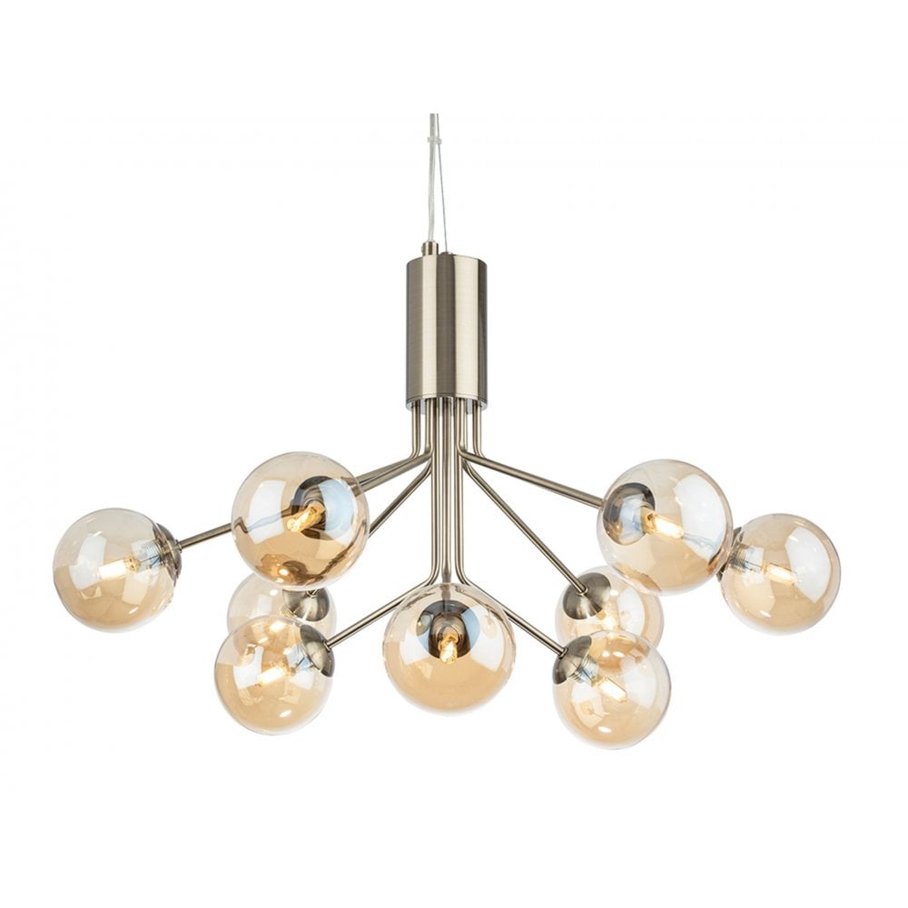 Montana Modern 9 Light Ceiling Pendant Light In Antique Brass With Amber Glass Shade 2890AB