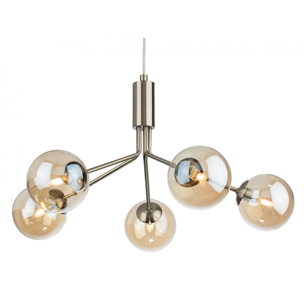 Montana Modern 5 Light Ceiling Pendant Light In Antique Brass With Amber Glass Shade 2889AB