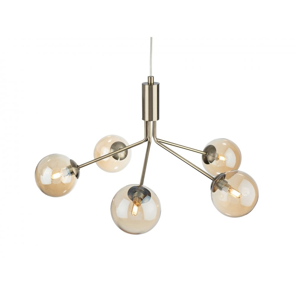 Montana Modern 5 Light Ceiling Pendant Light In Antique Brass With Amber Glass Shade 2889AB