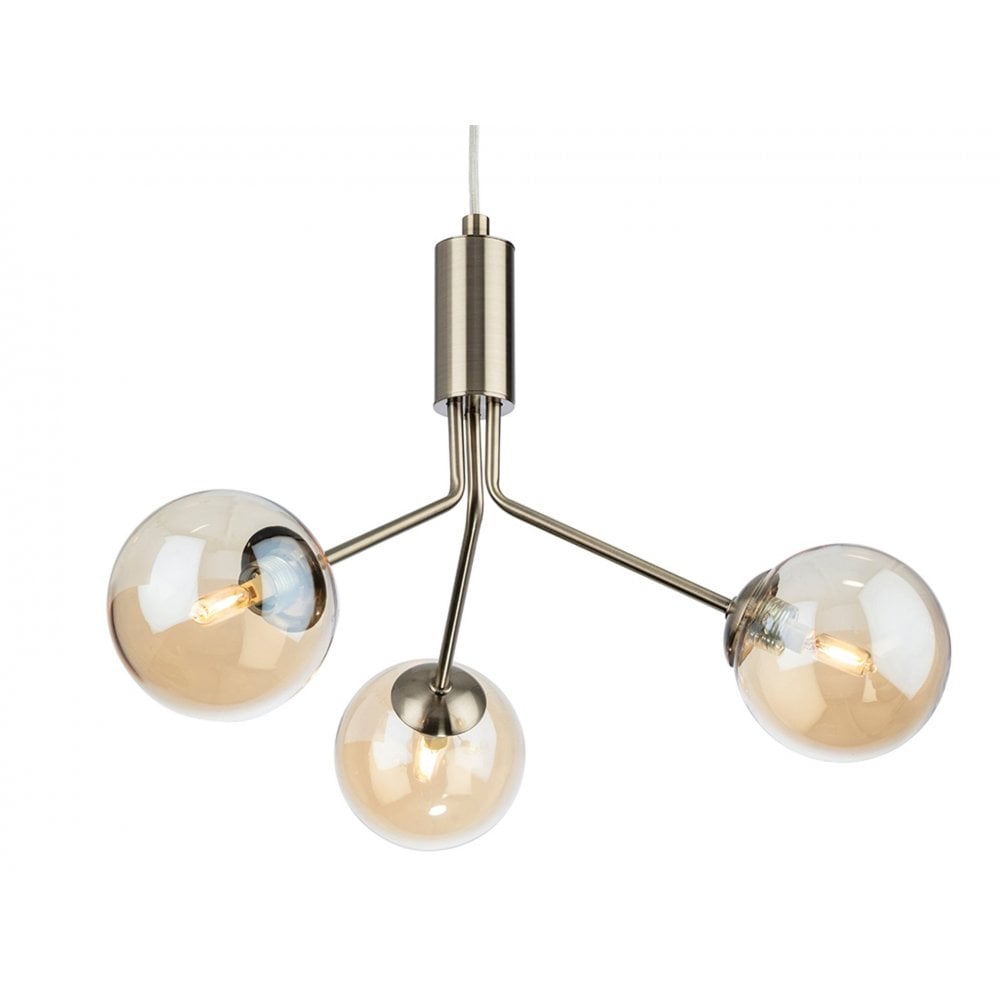 Montana Modern 3 Light Ceiling Pendant Light In Antique Brass With Amber Glass Shade 2888AB