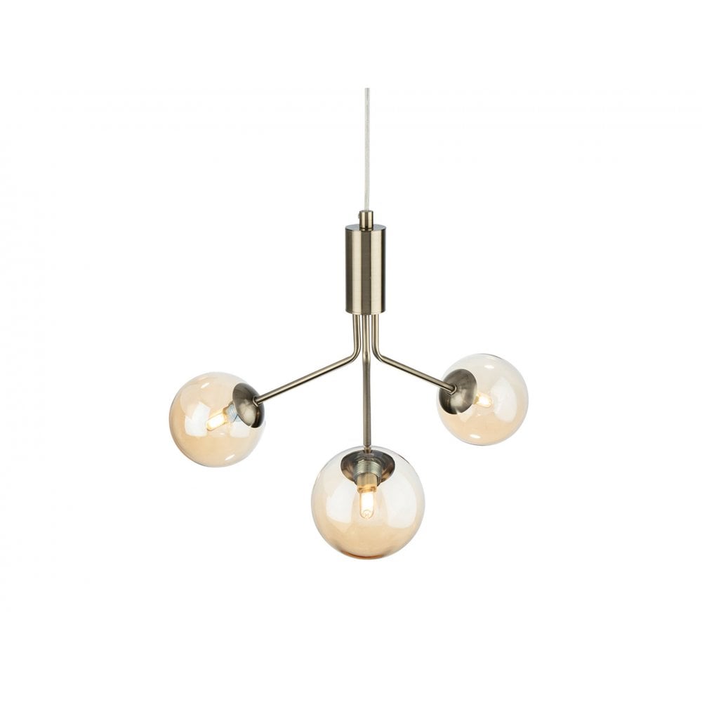 Montana Modern 3 Light Ceiling Pendant Light In Antique Brass With Amber Glass Shade 2888AB
