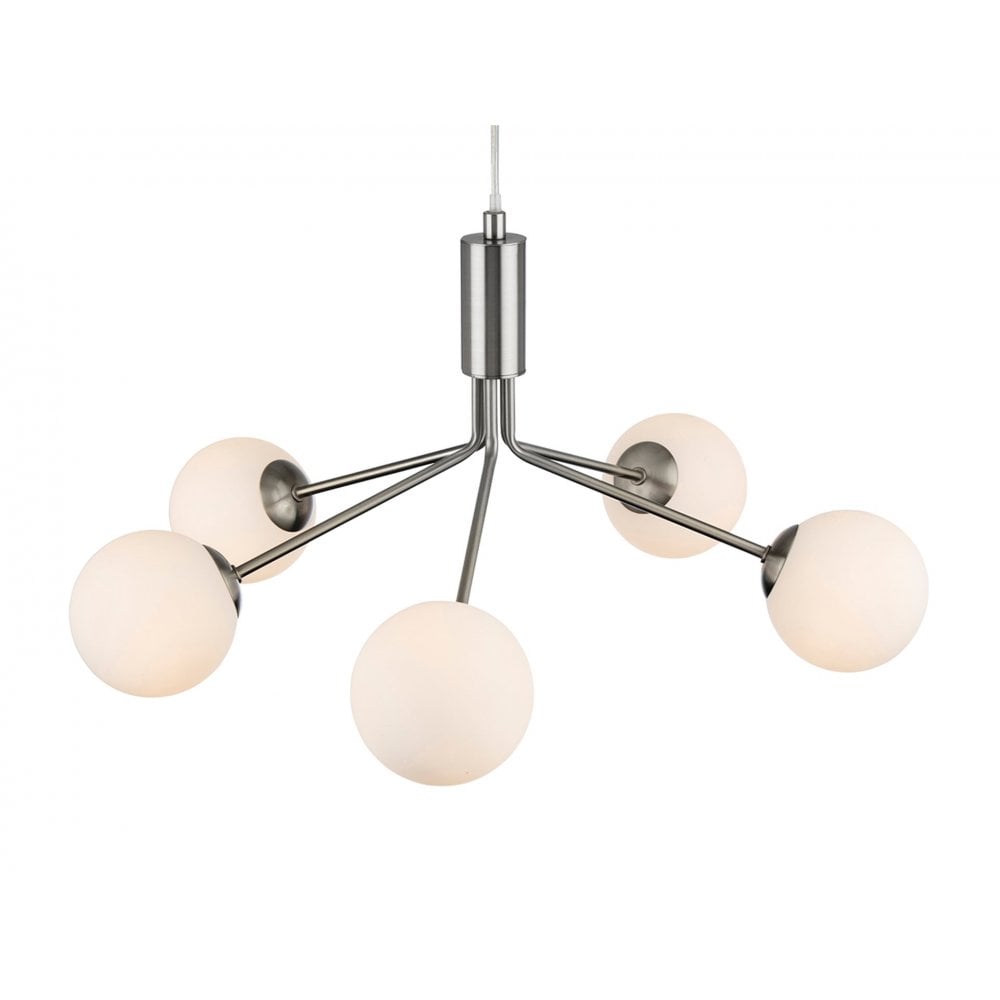 Montana Modern 5 Light Ceiling Pendant Light In Brushed Steel With Opal Glass Shade 2889BS