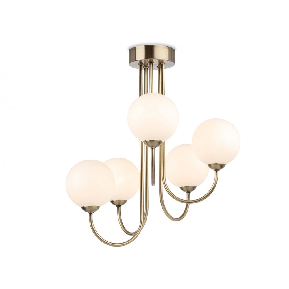 Lyndon Elegant 5 Light Flush Ceiling Light In Antique Brass With Opal Glass 2887AB