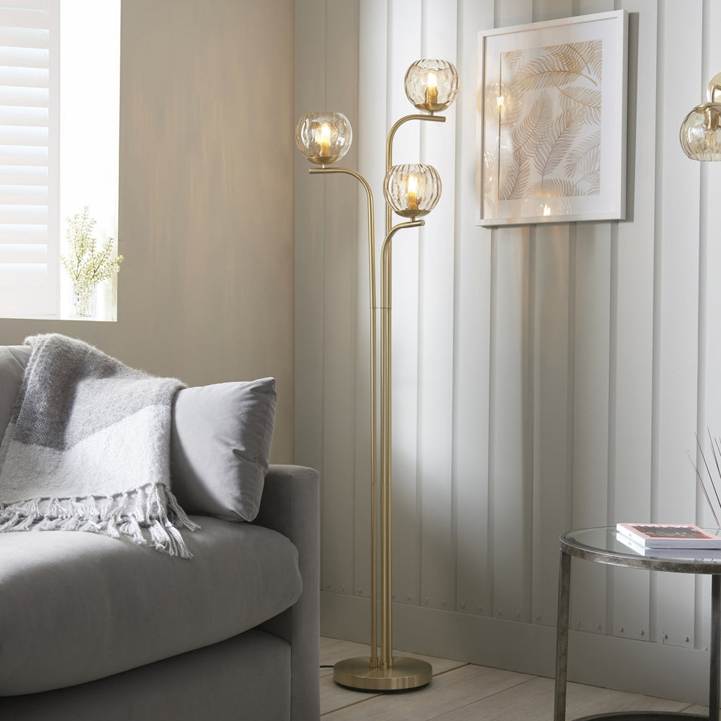Modern 3 Light Dimple Champagne Lustre Glass Floor Lamp In Satin Gold 91974