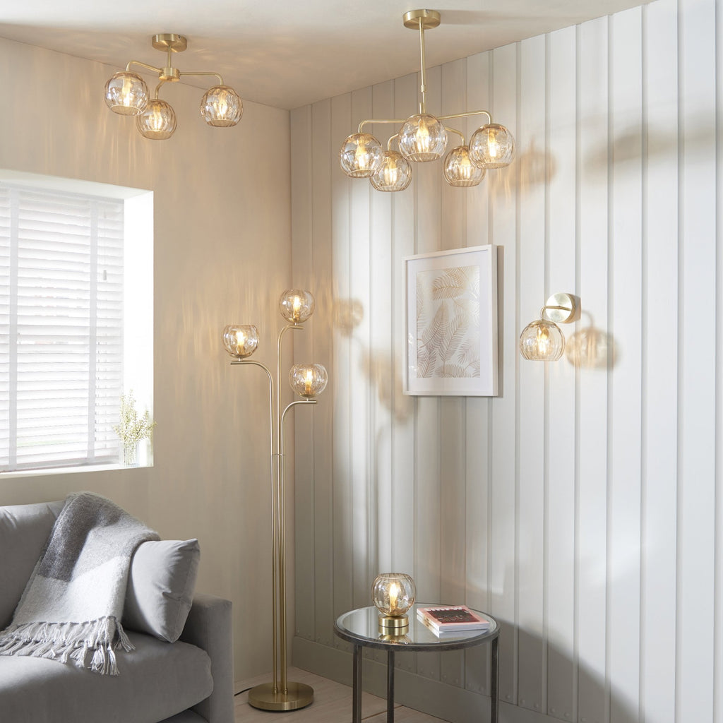Modern 3 Light Dimple Champagne Lustre Glass Floor Lamp In Satin Gold 91974