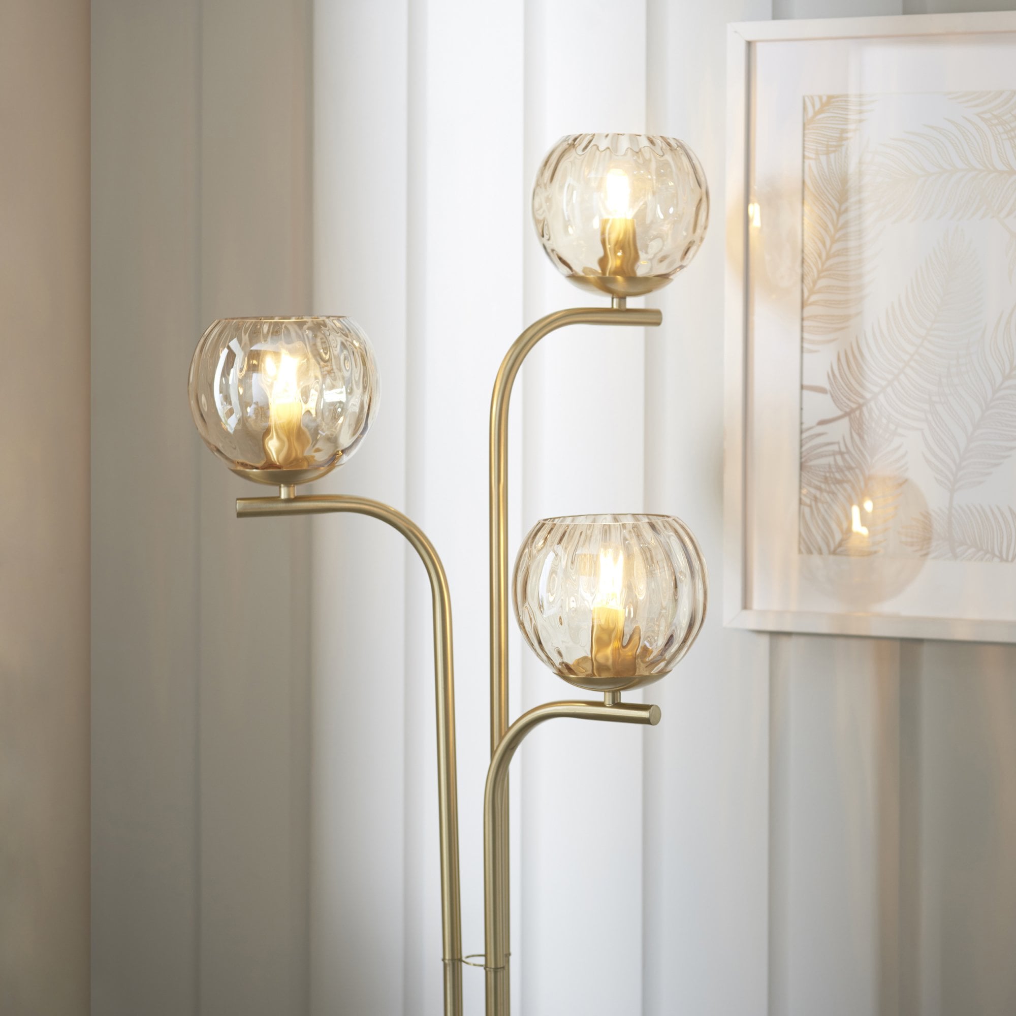 Modern 3 Light Dimple Champagne Lustre Glass Floor Lamp In Satin Gold 91974