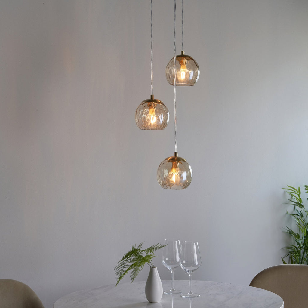 Modern 3 Light Dimple Champagne Glass Multidrop Ceiling Pendant In Satin Gold 91971