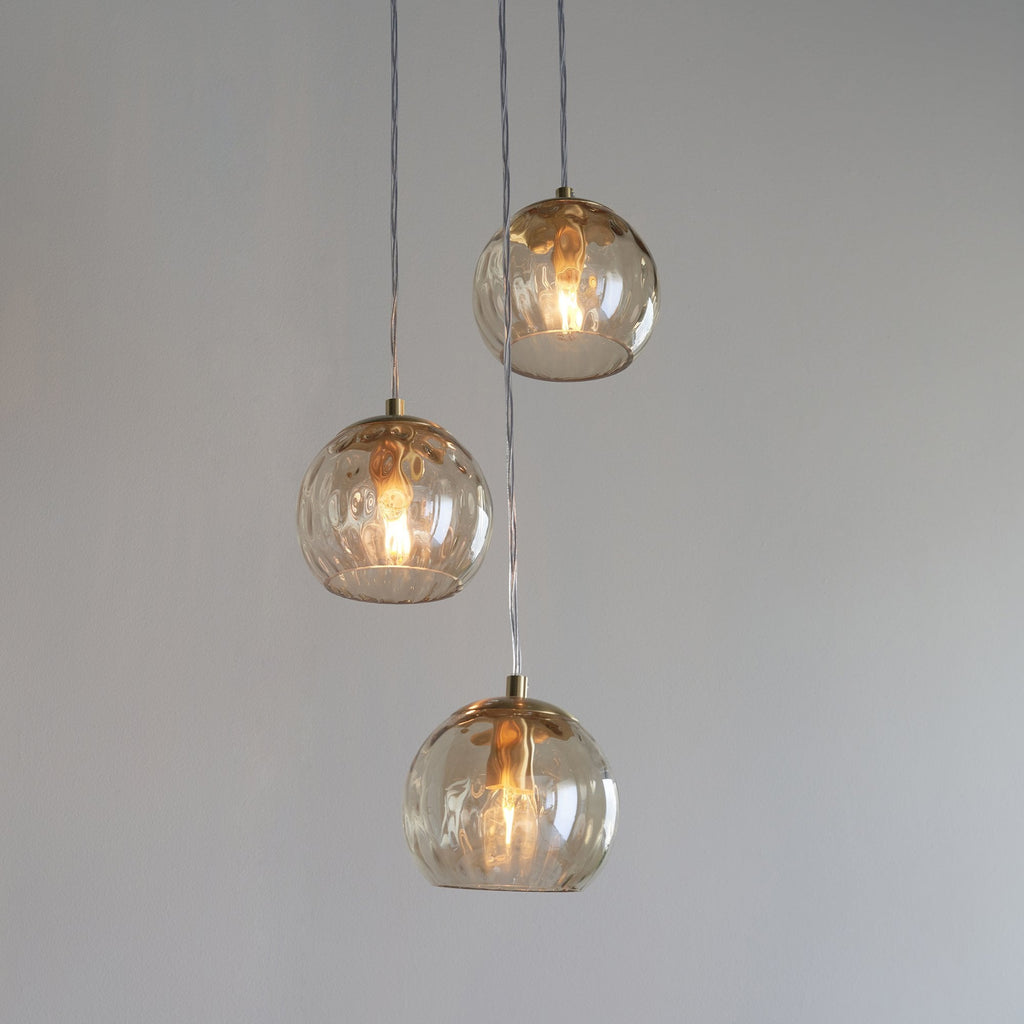 Modern 3 Light Dimple Champagne Glass Multidrop Ceiling Pendant In Satin Gold 91971