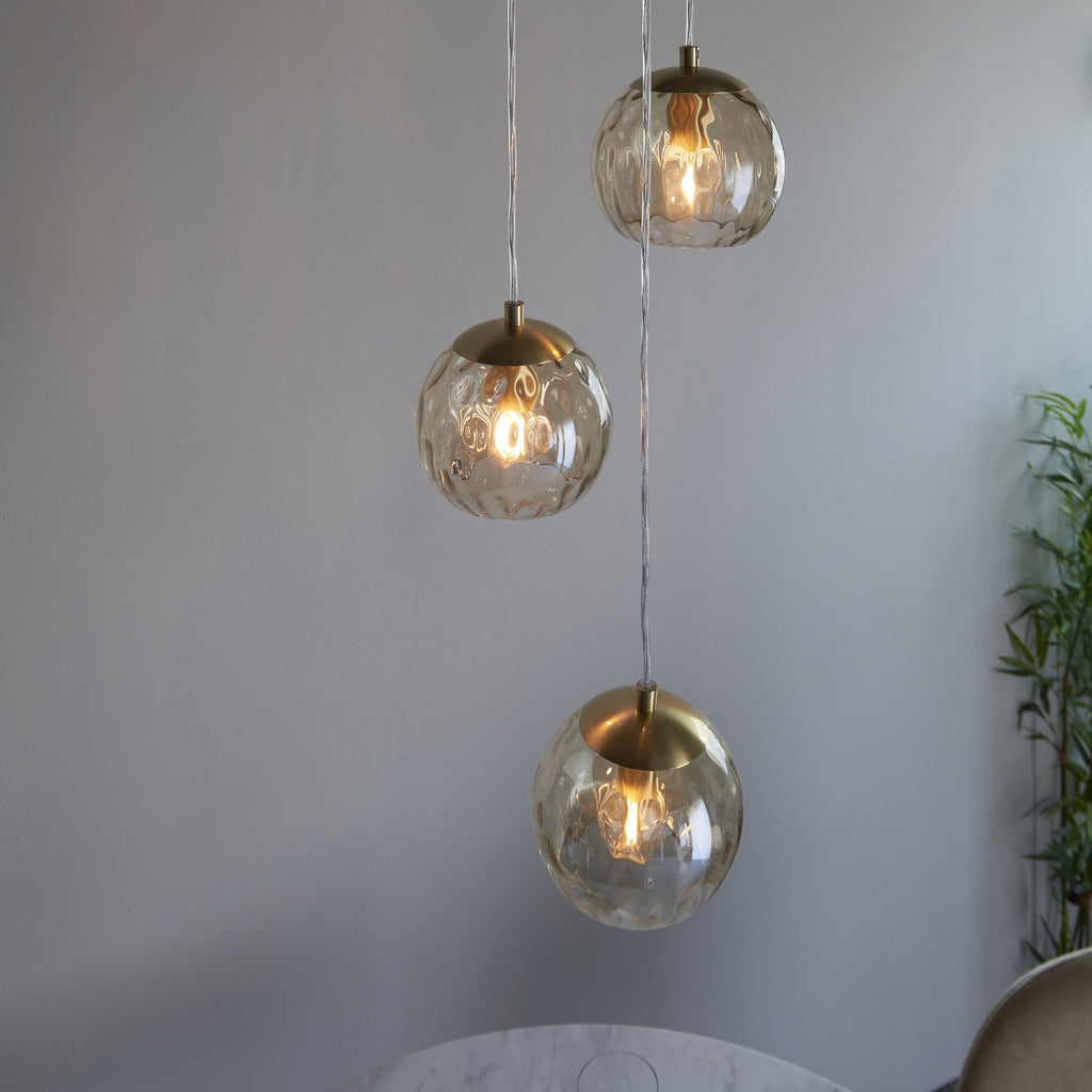 Modern 3 Light Dimple Champagne Glass Multidrop Ceiling Pendant In Satin Gold 91971