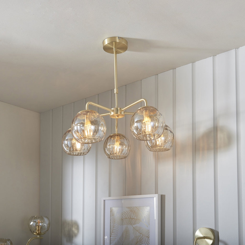 Modern 5 Light Dimple Champagne Lustre Glass Ceiling Pendant In Satin Gold 91969