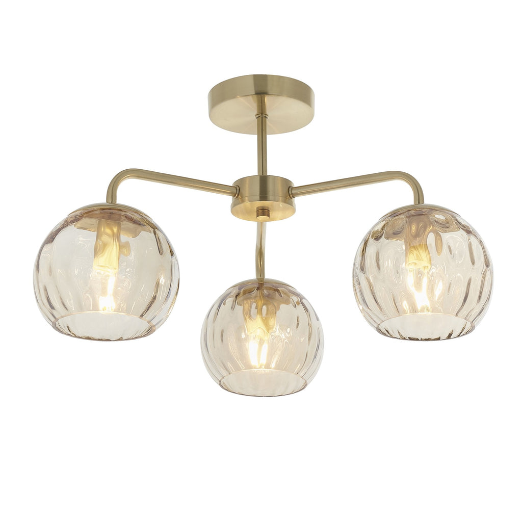 Modern 3 Light Dimple Champagne Lustre Glass Semi Flush Ceiling Light In Satin Gold 91968