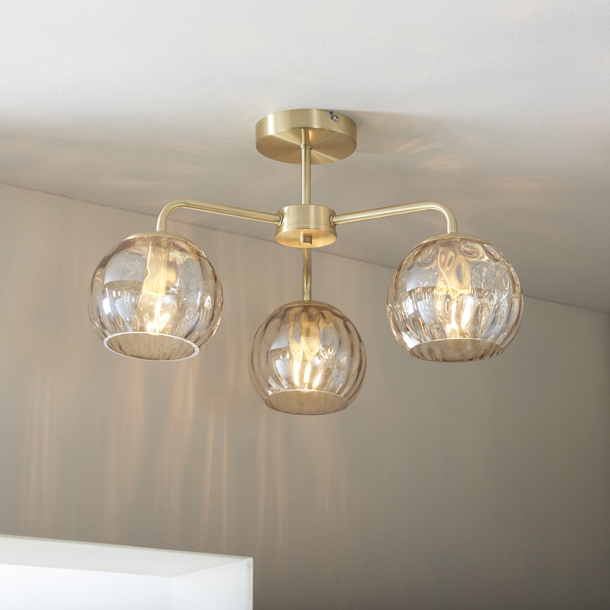 Modern 3 Light Dimple Champagne Lustre Glass Semi Flush Ceiling Light In Satin Gold 91968