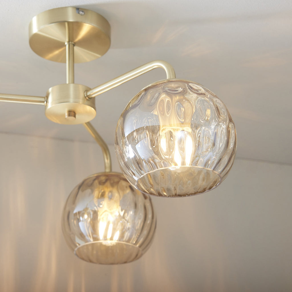Modern 3 Light Dimple Champagne Lustre Glass Semi Flush Ceiling Light In Satin Gold 91968