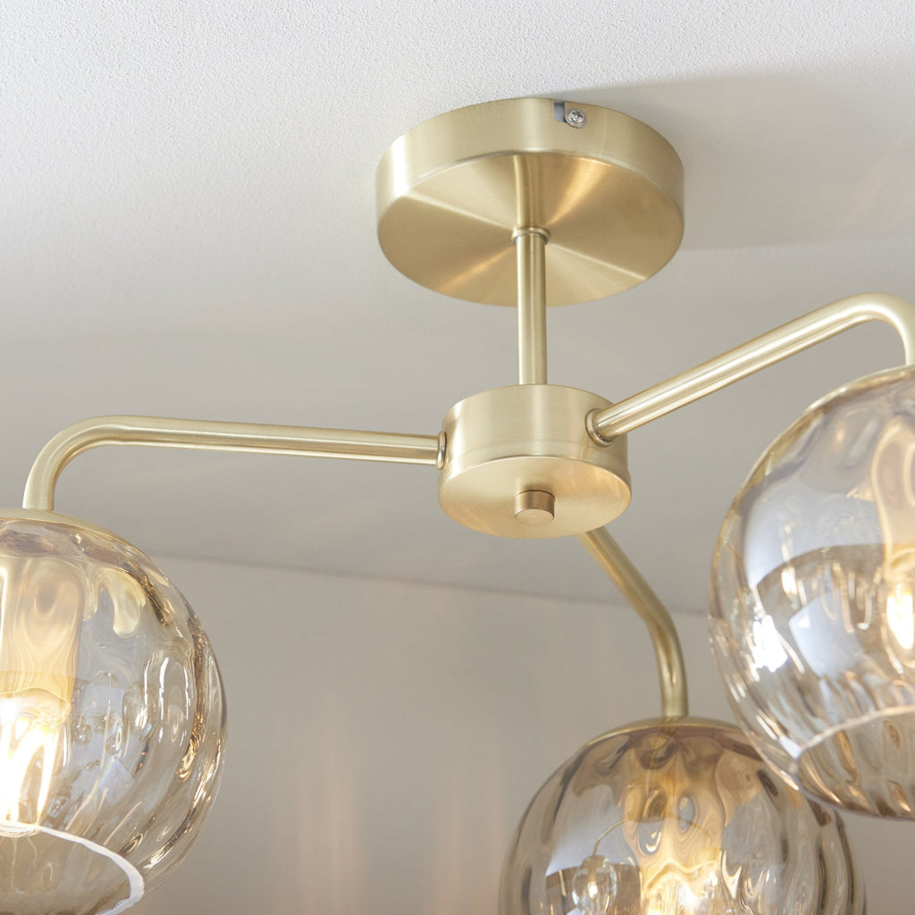 Modern 3 Light Dimple Champagne Lustre Glass Semi Flush Ceiling Light In Satin Gold 91968