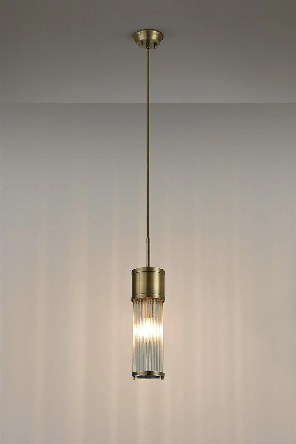 Pillar Bathroom Single Ceiling Pendant Light In Antique Brass And Clear Glass Rods IP44 E14