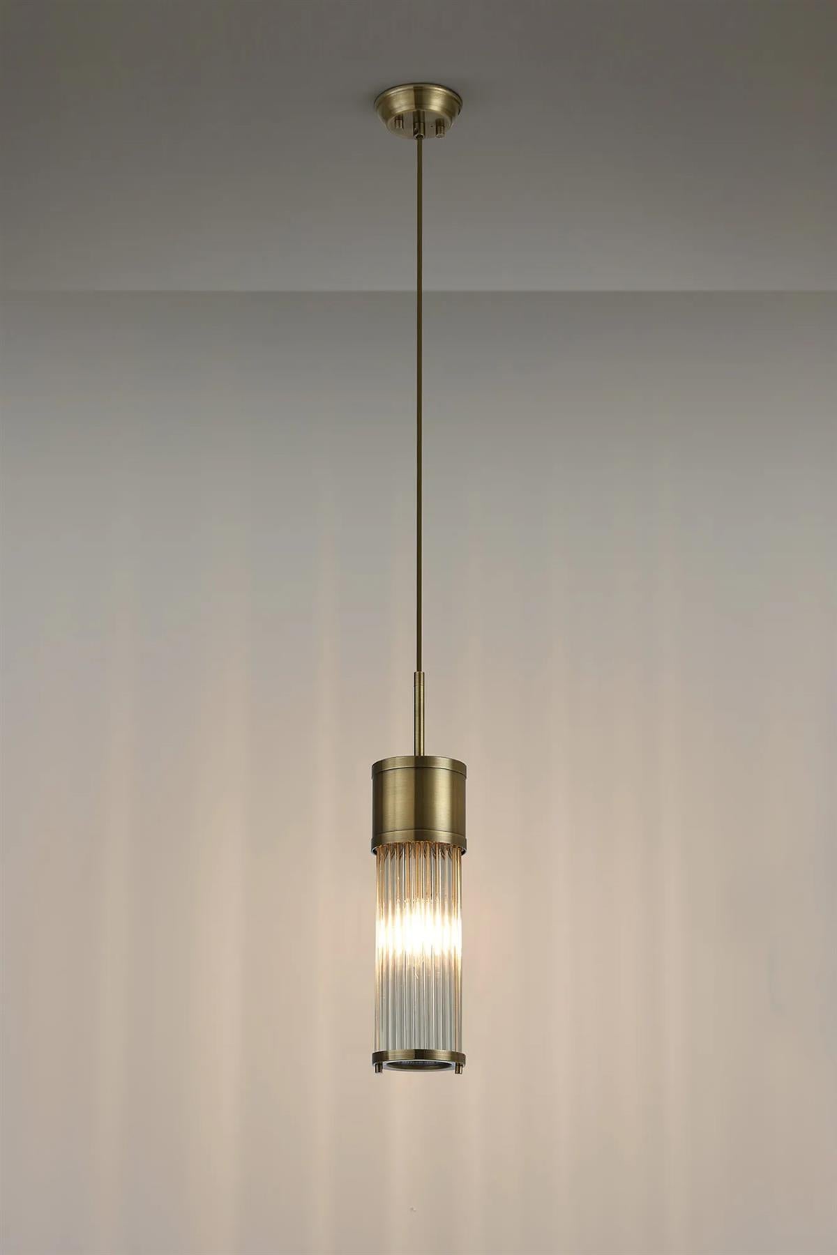 Pillar Bathroom Single Ceiling Pendant Light In Antique Brass And Clear Glass Rods IP44 E14